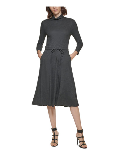 CALVIN KLEIN Womens Gray Stretch Ribbed Drawstring Waist Heather 3/4 Sleeve Mock Neck Below The Knee Wear To Work Sweater Dress 10