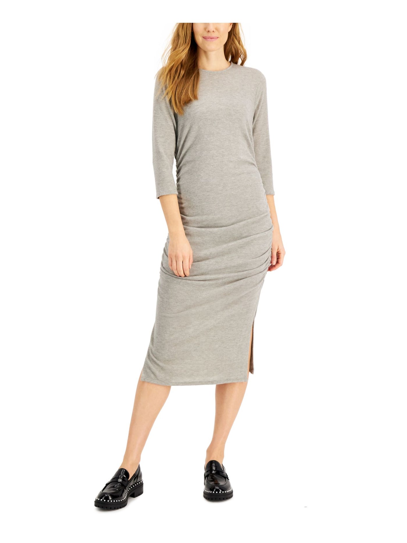 INC Womens Gray Ruched Slitted Pullover Heather 3/4 Sleeve Crew Neck Midi Sheath Dress S