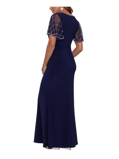 BETSY & ADAM Womens Navy Stretch Sequined Zippered Pleated Ruched Cut Out Short Sleeve Square Neck Full-Length Evening Gown Dress 4