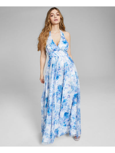 BCX Womens Blue Glitter Zippered Mesh Overlay Floral Sleeveless Surplice Neckline Full-Length  Gown Prom Dress Juniors 15