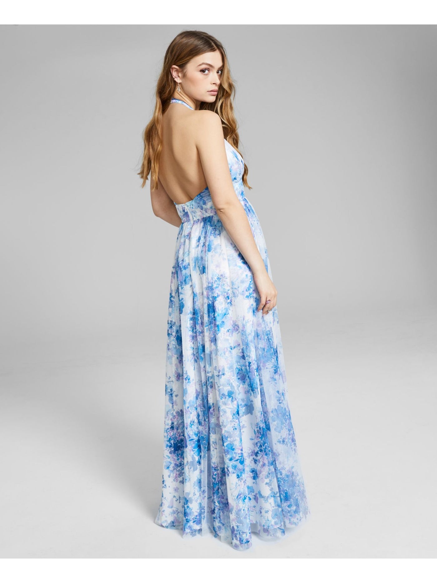 BCX DRESS Womens Light Blue Glitter Zippered Mesh Overlay Floral Sleeveless Surplice Neckline Full-Length Formal Gown Dress Juniors 13
