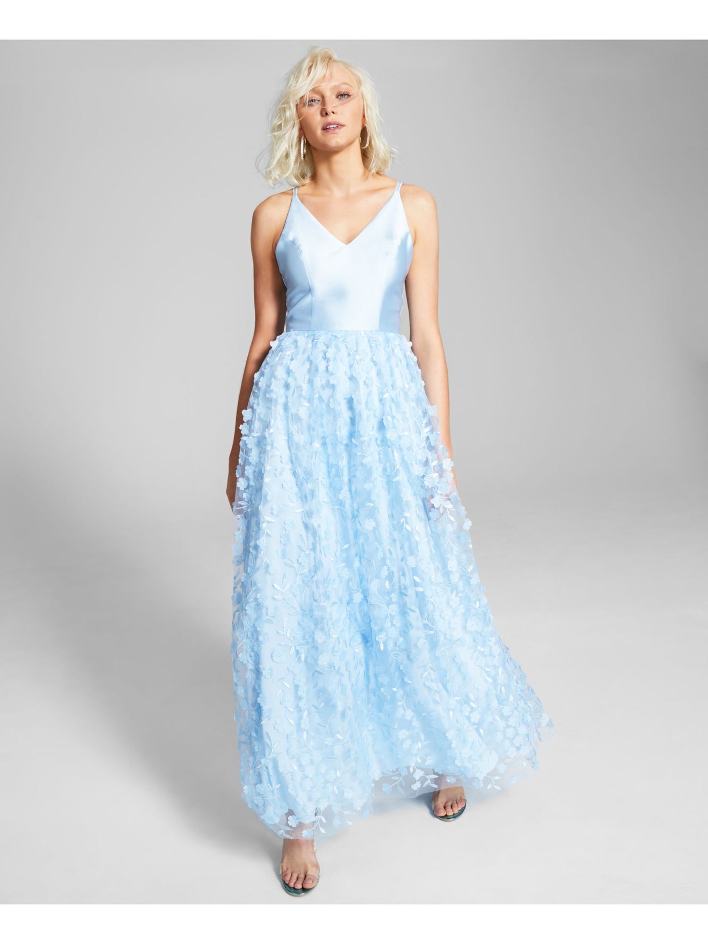 BCX Womens Light Blue Zippered Strappy Back 3d Floral Skirt Sleeveless V Neck Full-Length Prom Gown Dress Juniors 5