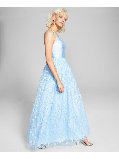 BCX Womens Light Blue Zippered Strappy Back 3d Floral Skirt Sleeveless V Neck Full-Length Prom Gown Dress Juniors 13