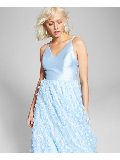 BCX Womens Light Blue Zippered Strappy Back 3d Floral Skirt Sleeveless V Neck Full-Length Prom Gown Dress Juniors 5