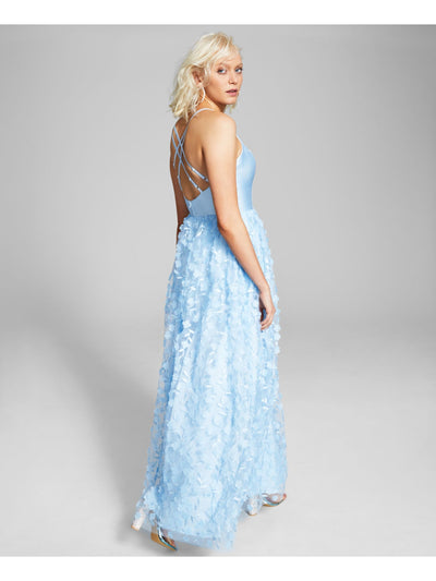 BCX Womens Light Blue Zippered Strappy Back 3d Floral Skirt Sleeveless V Neck Full-Length Prom Gown Dress Juniors 7