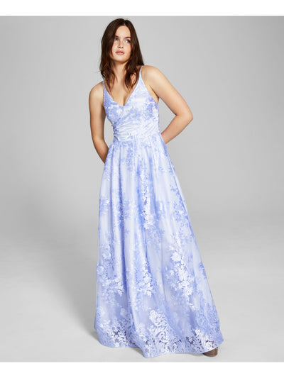 BCX DRESS Womens Light Blue Zippered Crisscross Straps Lined Sleeveless V Neck Full-Length Formal Gown Dress 0