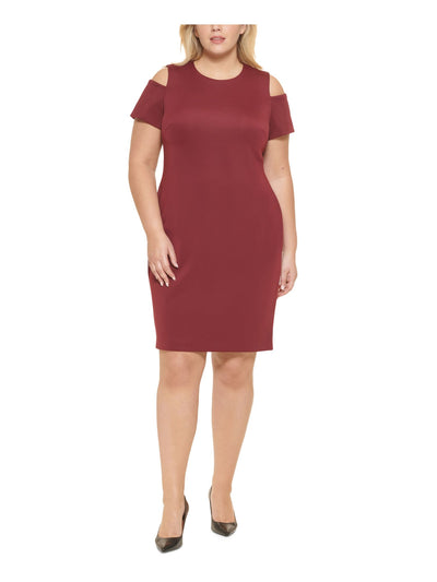 CALVIN KLEIN Womens Maroon Zippered Textured Darted Unlined Floral Short Sleeve Round Neck Above The Knee Wear To Work Sheath Dress Plus 14W