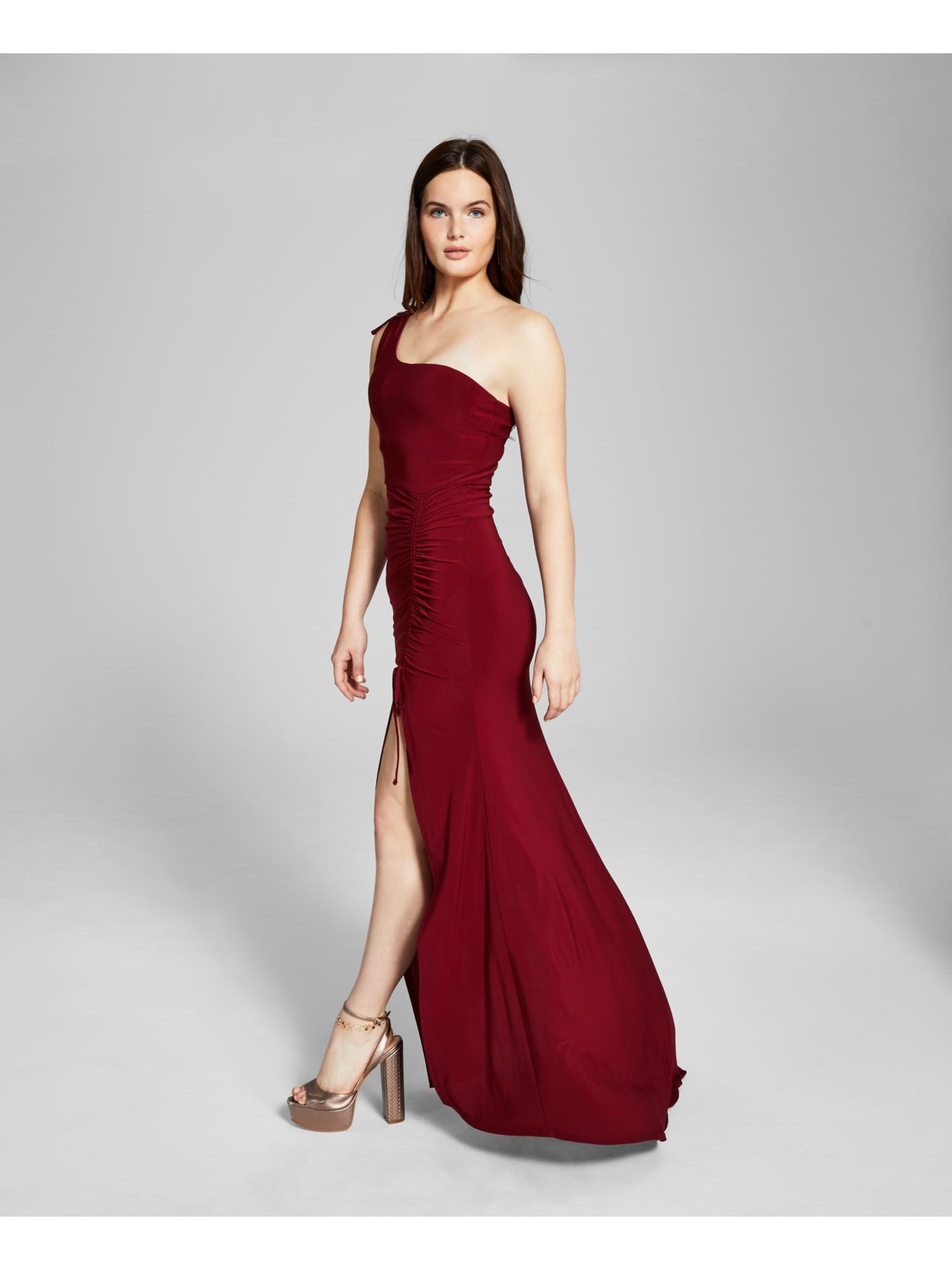 B DARLIN Womens Burgundy Zippered Slitted Tie Shoulder Lined Sleeveless Asymmetrical Neckline Full-Length  Gown Prom Dress Juniors 9\10