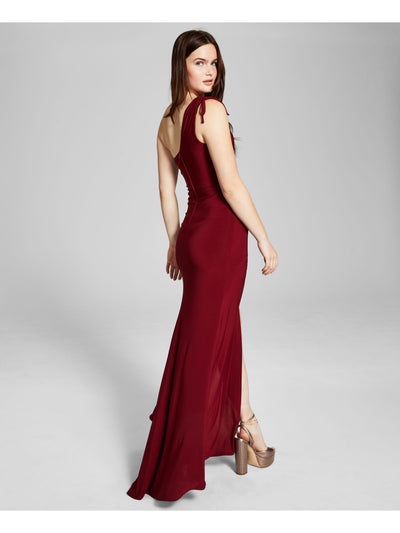 B DARLIN Womens Burgundy Zippered Slitted Tie Shoulder Lined Sleeveless Asymmetrical Neckline Full-Length  Gown Prom Dress Juniors 9\10