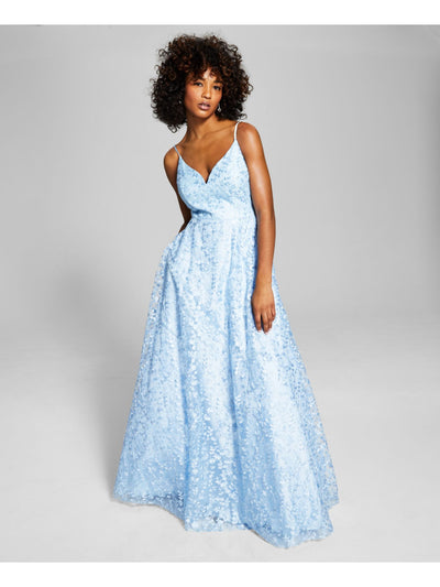 SAY YES TO THE PROM Womens Light Blue Embellished Embroidered Layered Zippered Floral Spaghetti Strap V Neck Full-Length Evening Gown Dress Juniors 5\6