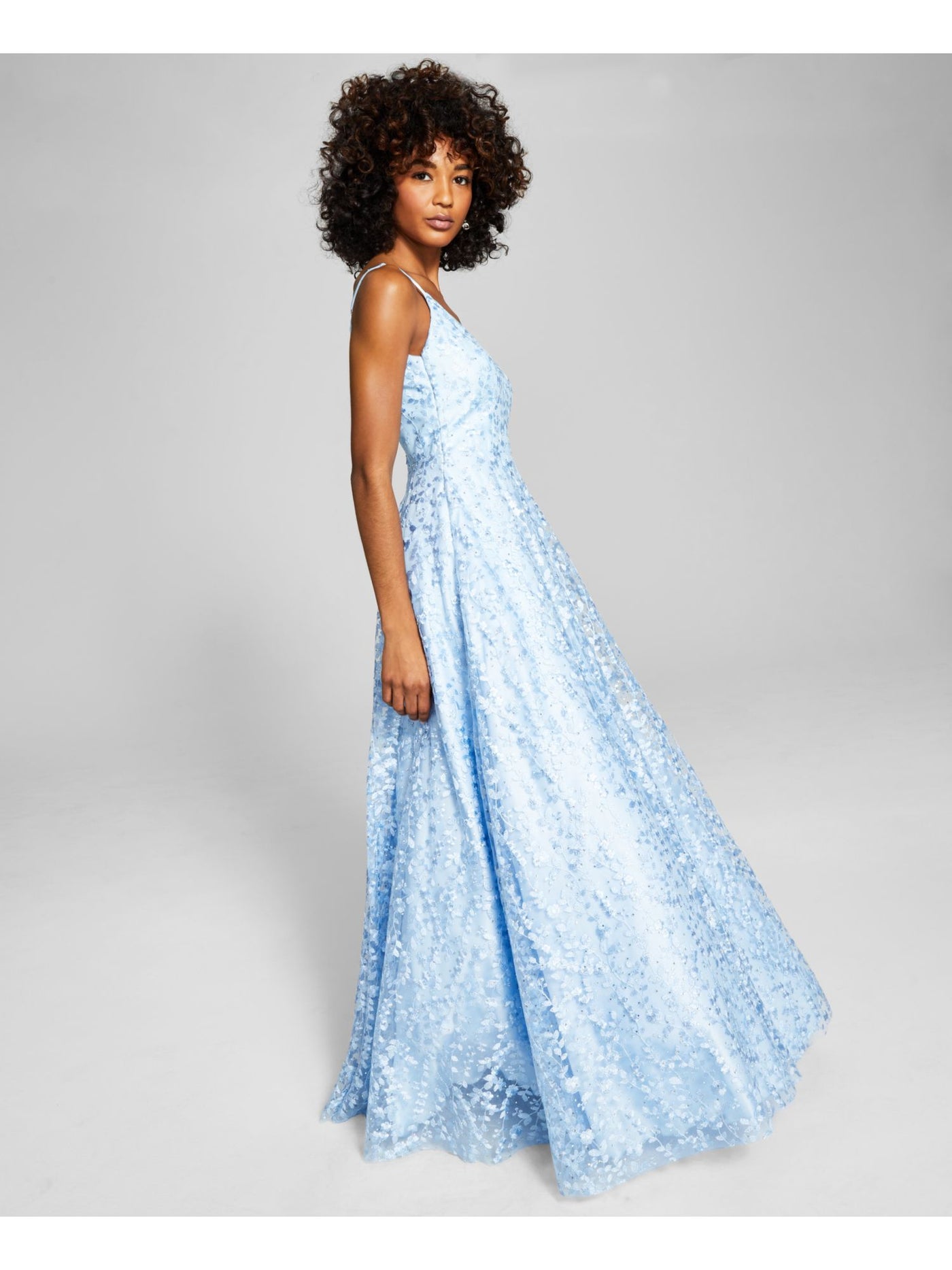 SAY YES TO THE PROM Womens Light Blue Embellished Embroidered Layered Zippered Floral Spaghetti Strap V Neck Full-Length Evening Gown Dress Juniors 5\6