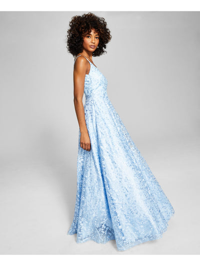 SAY YES TO THE PROM Womens Light Blue Embellished Embroidered Layered Zippered Floral Spaghetti Strap V Neck Full-Length Evening Gown Dress Juniors 11\12