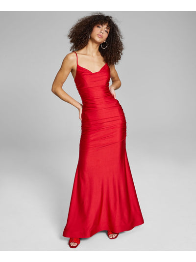 B DARLIN Womens Red Zippered Fitted Small Train Adjustable Straps Spaghetti Strap Cowl Neck Full-Length Evening Gown Dress Juniors 3\4