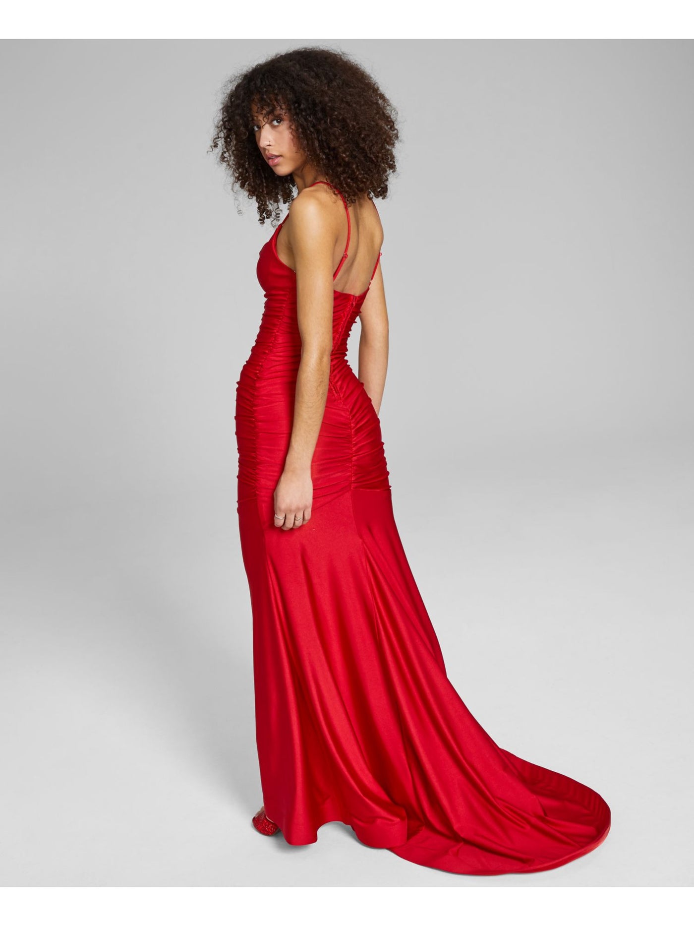 B DARLIN Womens Red Zippered Fitted Small Train Adjustable Straps Spaghetti Strap Cowl Neck Full-Length Evening Gown Dress Juniors 3\4
