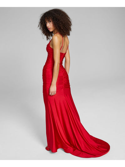 B DARLIN Womens Red Zippered Fitted Small Train Adjustable Straps Spaghetti Strap Cowl Neck Full-Length Evening Gown Dress Juniors 3\4