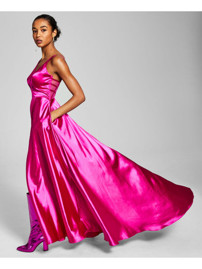 BLONDIE NITES Womens Pink Zippered Slitted Mesh Back Sleeveless V Neck Full-Length Formal Gown Dress Juniors 9