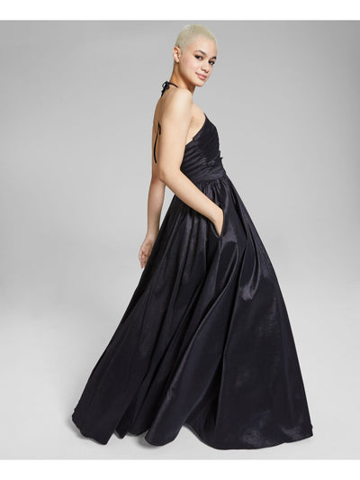 B DARLIN Womens Black Pleated Tie Taffeta Keyhole Front Lined Sleeveless Halter Full-Length Prom Gown Dress Juniors 1\2