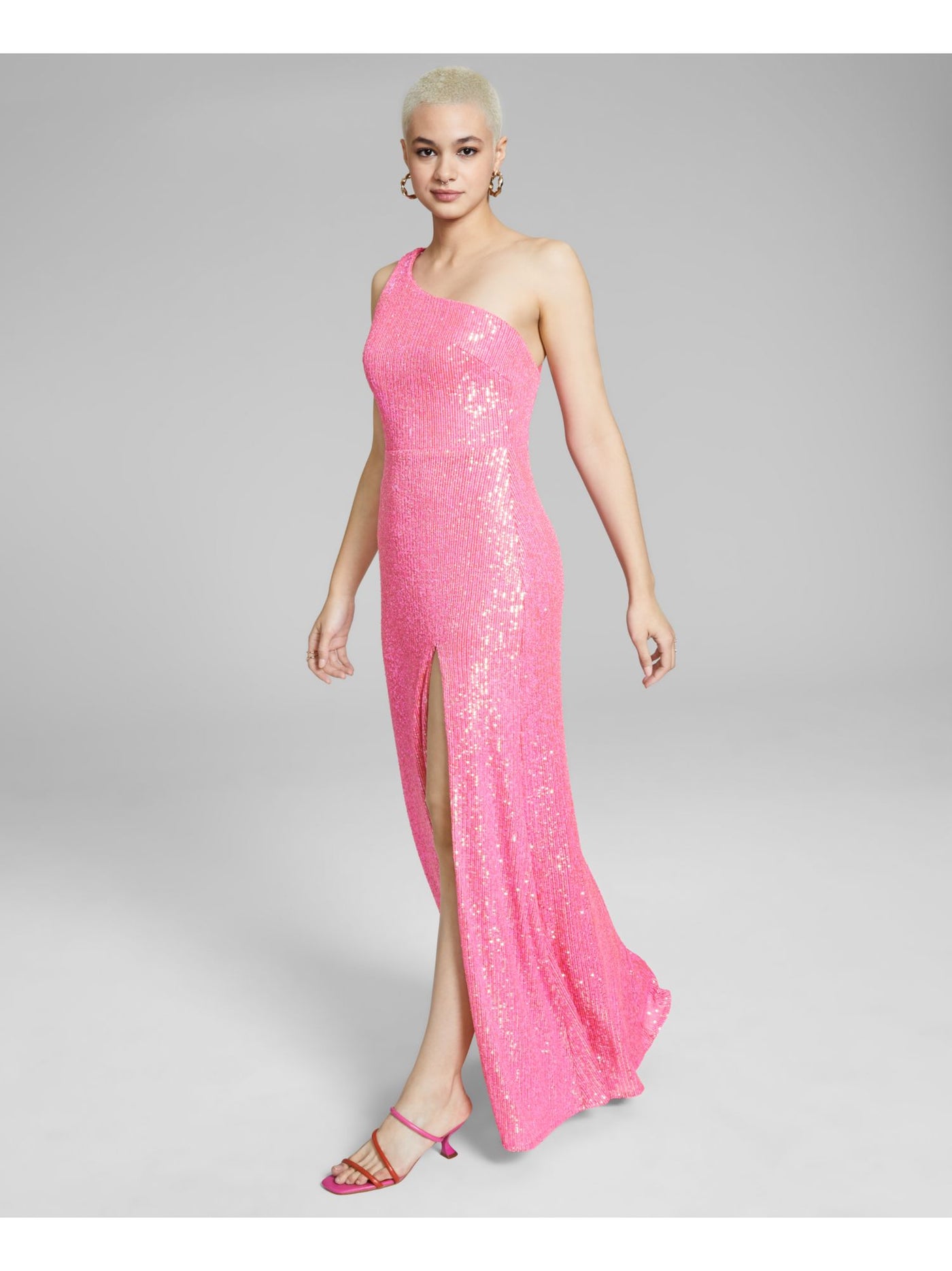 BLONDIE NITES Womens Pink Stretch Sequined Zippered Strappy Back Front Slit Lined Sleeveless Asymmetrical Neckline Full-Length Prom Gown Dress Juniors 13