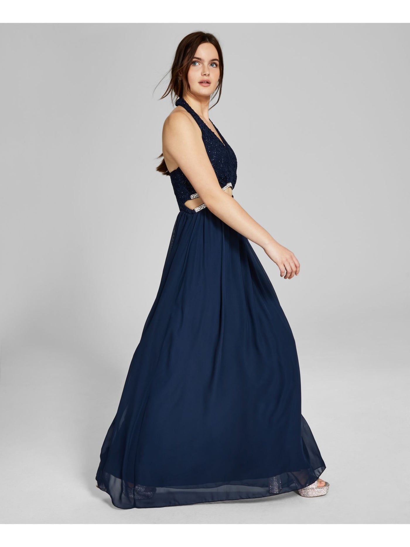 SPEECHLESS Womens Stretch Rhinestone Zippered Cut Out Waist Lined Sleeveless Halter Maxi Prom Gown Dress