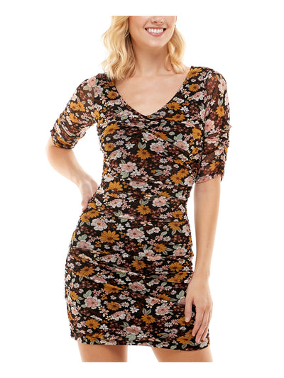 NO COMMENT Womens Black Stretch Ruched Pullover Lined Printed Elbow Sleeve V Neck Above The Knee Body Con Dress M