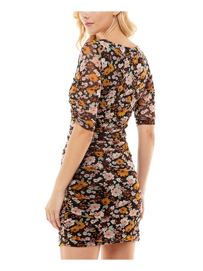 NO COMMENT Womens Black Stretch Ruched Pullover Lined Printed Elbow Sleeve V Neck Above The Knee Body Con Dress M