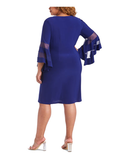 R&M RICHARDS WOMAN Womens Blue Beaded Rhinestone Illusion Bell Sleeve V Neck Knee Length Party Wrap Dress Plus 22W