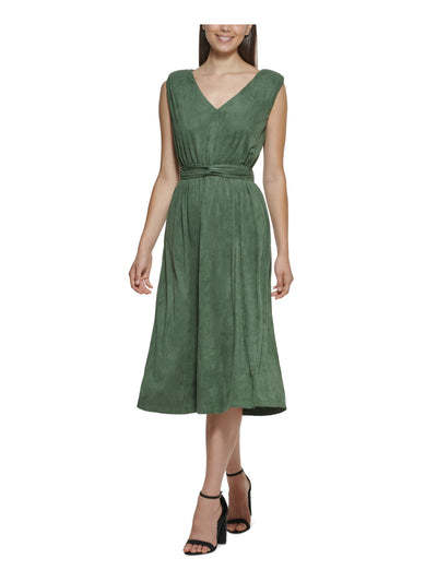 KENSIE DRESSES Womens Green Stretch Faux Suede Ruched Belted Pocketed Pullover Sleeveless V Neck Midi Wear To Work Sheath Dress XXL