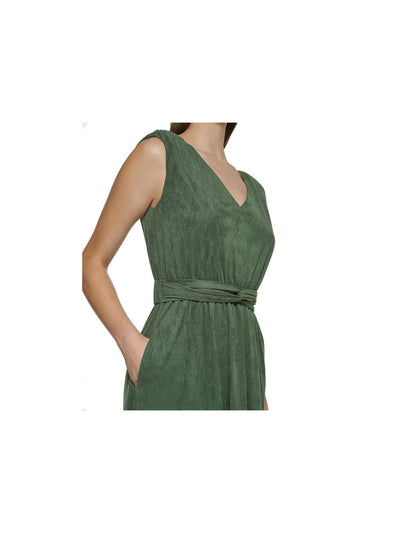 KENSIE Womens Green Stretch Faux Suede Ruched Belted Pocketed Pullover Sleeveless V Neck Midi Wear To Work Sheath Dress XL