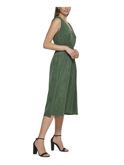 KENSIE Womens Green Stretch Faux Suede Ruched Belted Pocketed Pullover Sleeveless V Neck Midi Wear To Work Sheath Dress XXL
