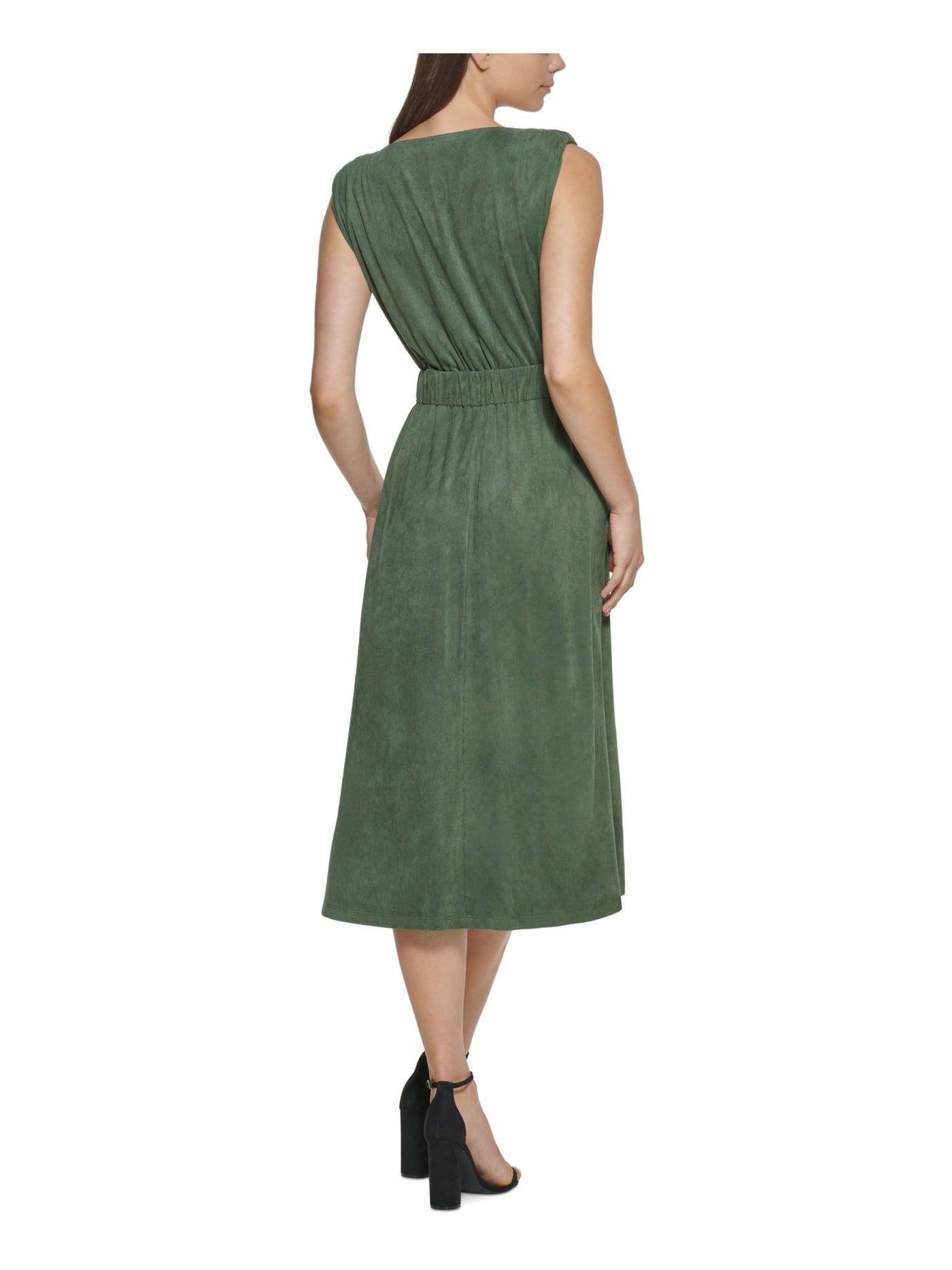 KENSIE Womens Green Stretch Faux Suede Ruched Belted Pocketed Pullover Sleeveless V Neck Midi Wear To Work Sheath Dress XL
