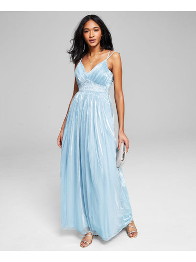 TEEZE ME Womens Light Blue Embroidered Beaded Zippered Lined Sleeveless V Neck Full-Length  Gown Prom Dress Juniors 5\6