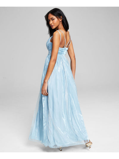 TEEZE ME Womens Light Blue Embroidered Beaded Zippered Lined Sleeveless V Neck Full-Length  Gown Prom Dress Juniors 3\4