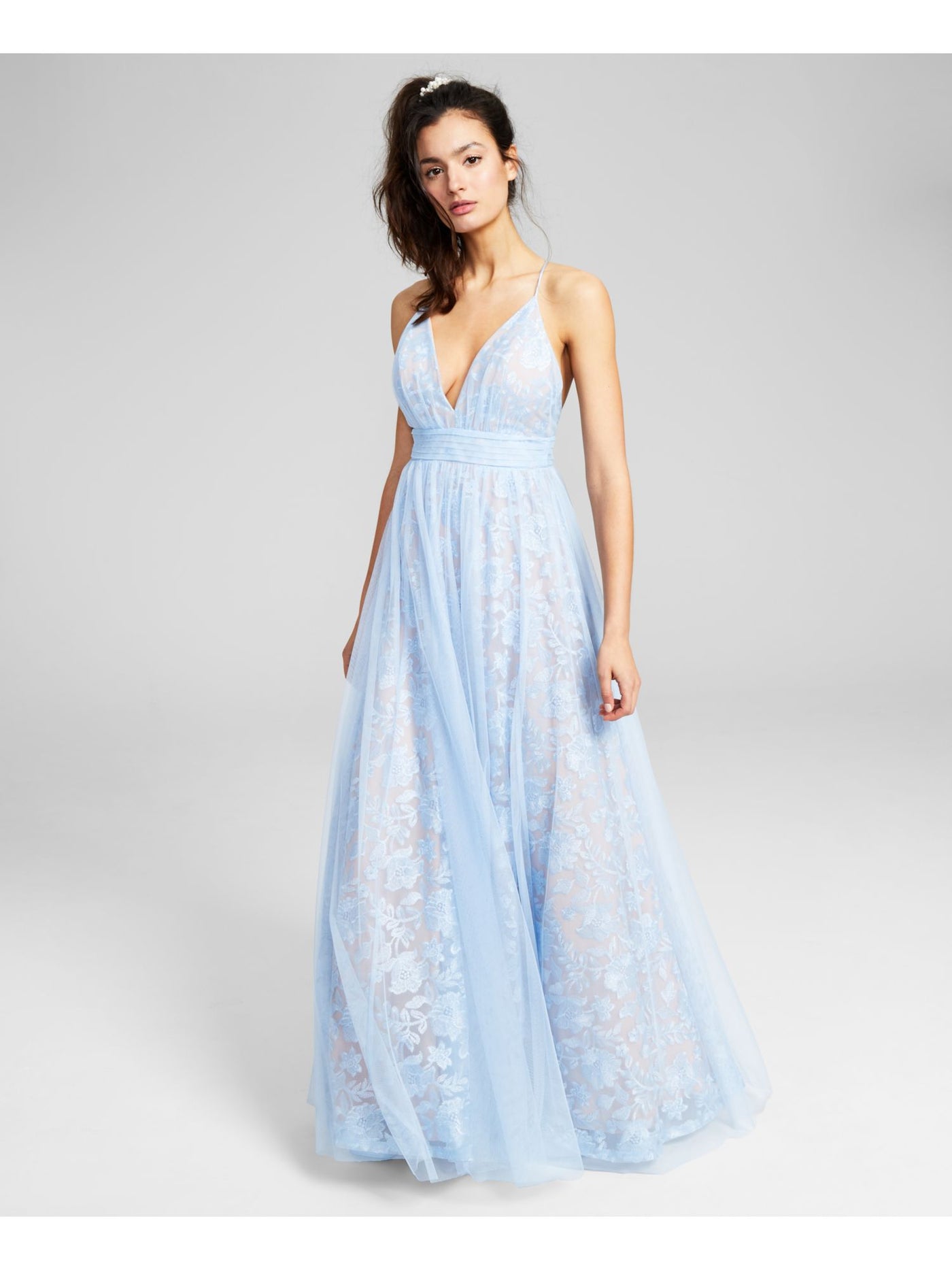 SAY YES TO THE PROM Womens Light Blue Embroidered Pleated Sheer Lace Layered Zippered Floral Spaghetti Strap V Neck Full-Length Evening Gown Dress Juniors 9