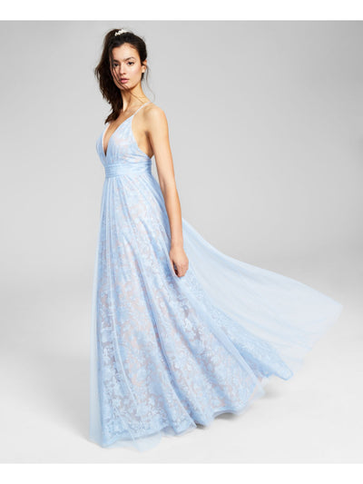 SAY YES TO THE PROM Womens Light Blue Embroidered Pleated Sheer Lace Layered Zippered Floral Spaghetti Strap V Neck Full-Length Evening Gown Dress Juniors 9