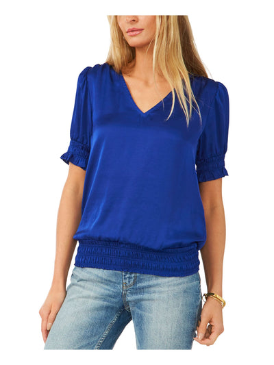 VINCE CAMUTO Womens Blue Smocked Pleated Silk Short Sleeve V Neck Blouse S