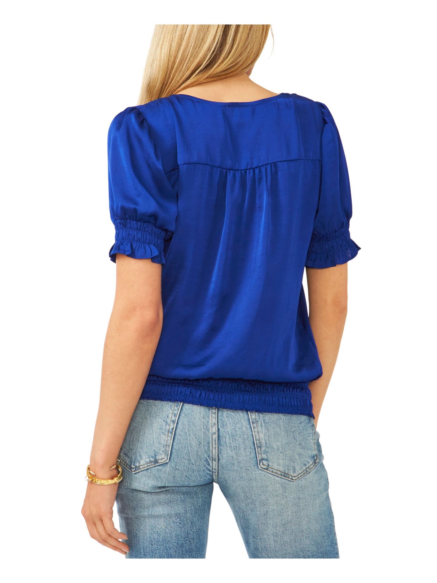 VINCE CAMUTO Womens Blue Smocked Pleated Silk Short Sleeve V Neck Blouse L