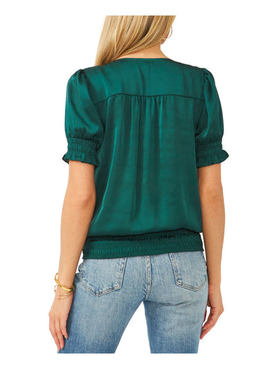 VINCE CAMUTO Womens Green Smocked Pleated Silk Short Sleeve V Neck Wear To Work Blouse L