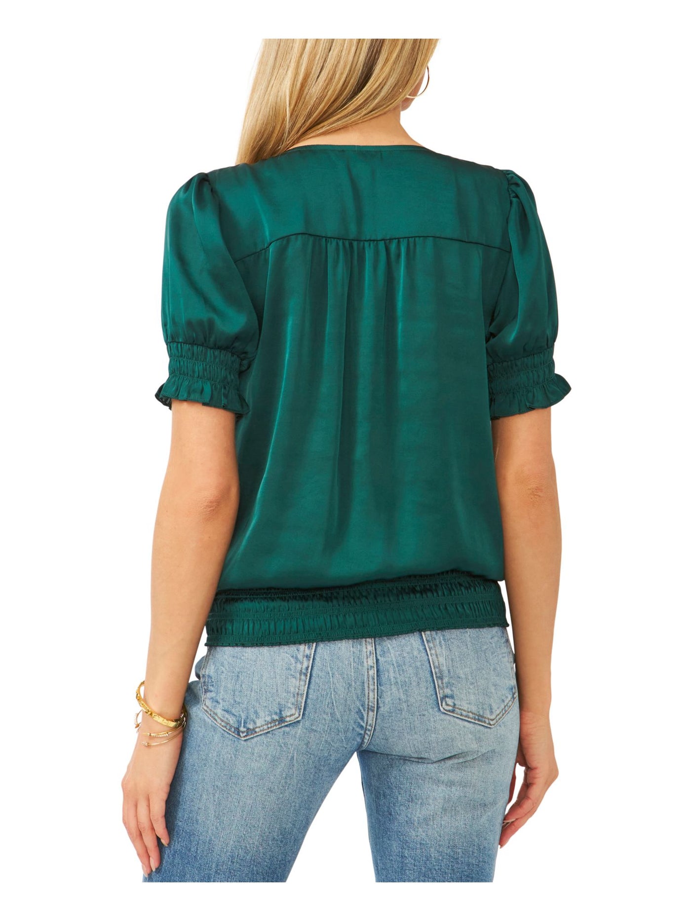 VINCE CAMUTO Womens Green Smocked Pleated Silk Short Sleeve V Neck Wear To Work Blouse XXS