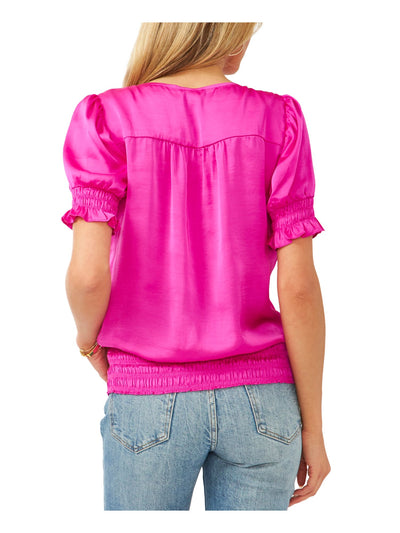 VINCE CAMUTO Womens Pink Smocked Pleated Silk Short Sleeve V Neck Top XS