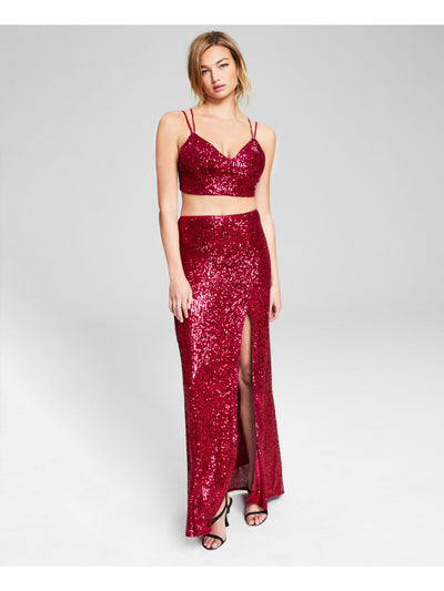 JUMP APPAREL Womens Maroon Sequined Slitted Lined Sleeveless V Neck Full-Length Prom Gown Dress 17/18