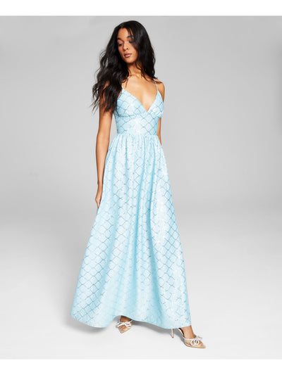 CRYSTAL DOLLS Womens Light Blue Sequined Glitter Zippered Lined Spaghetti Strap V Neck Full-Length Formal Gown Dress 0