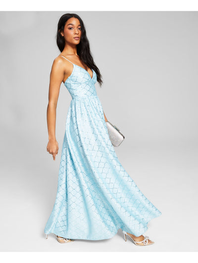 CRYSTAL DOLLS Womens Light Blue Sequined Glitter Zippered Lined Spaghetti Strap V Neck Full-Length Formal Gown Dress 0