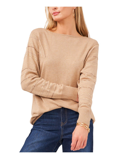 VINCE CAMUTO Womens Beige Embellished Long Sleeve Crew Neck Sweater XS