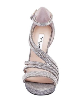 NINA NEW YORK Womens Silver Ankle Strap Rhinestone Freyja Round Toe Stiletto Buckle Leather Dress Heeled Sandal 10 M