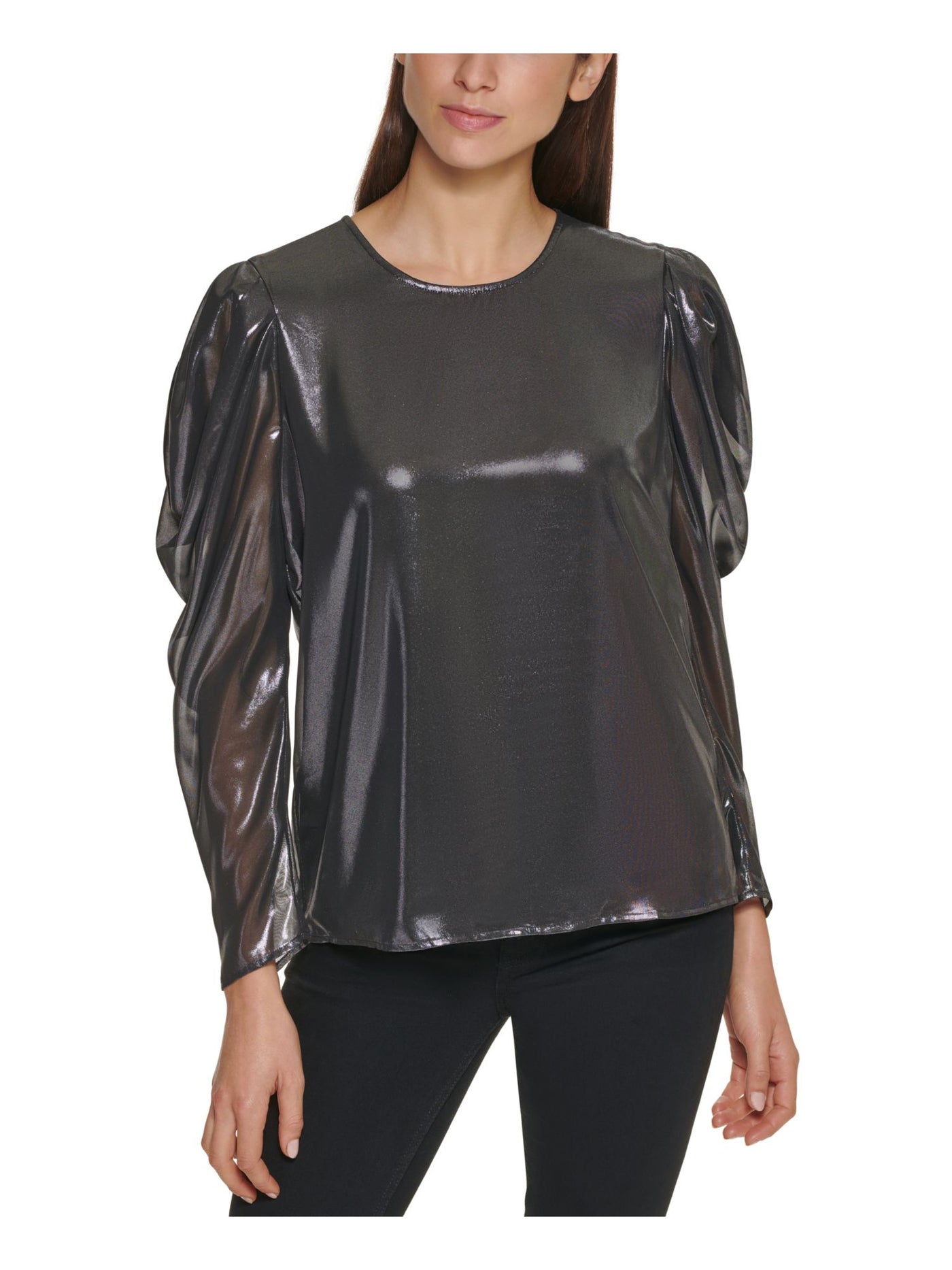 CALVIN KLEIN Womens Gray Stretch Metallic Pleated Foil Sheer Lined Back-keyhole Pouf Sleeve Crew Neck Party Top M