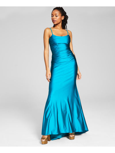 BLONDIE NITES Womens Teal Zippered Ruched Crisscross Strappy Satin Spaghetti Strap Scoop Neck Full-Length Evening Gown Dress Juniors 13