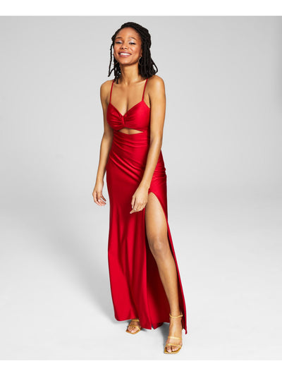 BLONDIE NITES Womens Red Stretch Cut Out Zippered Hook Back Closure Padded Cups Spaghetti Strap Sweetheart Neckline Full-Length Prom Gown Dress Juniors 3