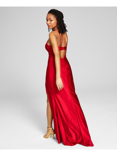 BLONDIE NITES Womens Red Stretch Cut Out Zippered Hook Back Closure Padded Cups Spaghetti Strap Sweetheart Neckline Full-Length Prom Gown Dress 9