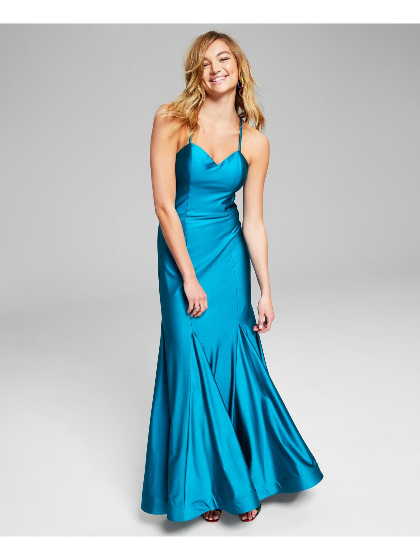 BLONDIE NITES Womens Teal Zippered Pleated Strappy Billowy Hem Spaghetti Strap Sweetheart Neckline Full-Length Prom Gown Dress Juniors 9