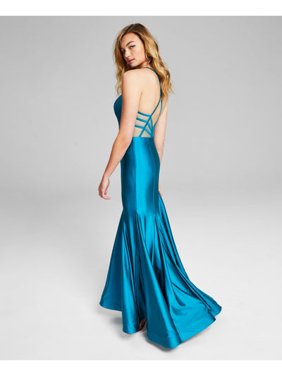 BLONDIE NITES Womens Teal Zippered Pleated Strappy Billowy Hem Spaghetti Strap Sweetheart Neckline Full-Length Formal Gown Dress 1
